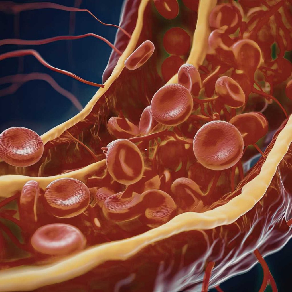 Ilustração médica da circulação sanguínea dentro de uma artéria, área de atuação do cirurgião vascular