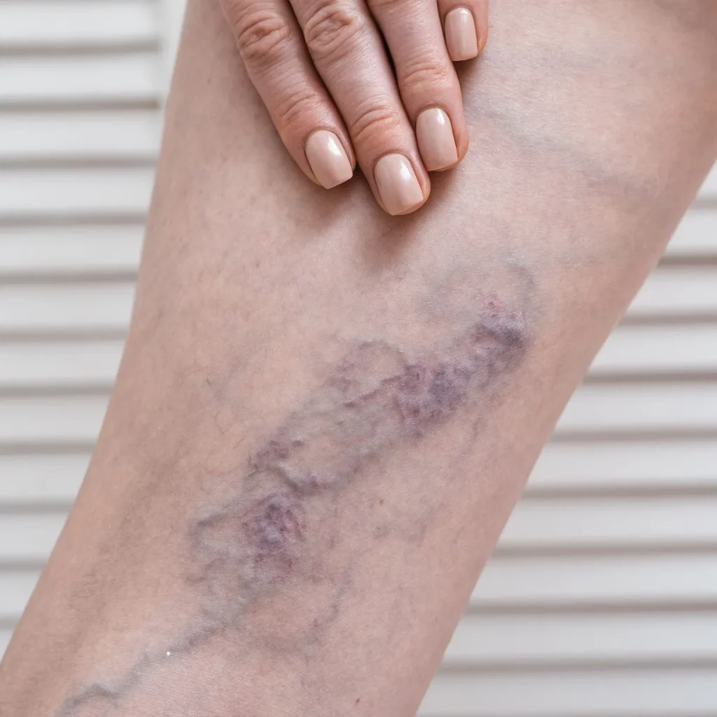 Paciente com varizes visíveis e sinais de inchaço nas pernas, indicando necessidade de avaliação vascular.