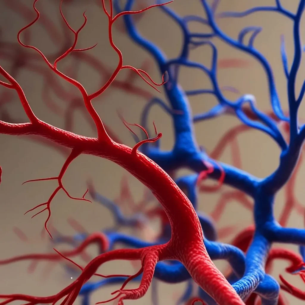 Ilustração detalhada em 3D do sistema venoso e arterial, destacando a complexidade dos vasos sanguíneos tratados por um cirurgião vascular.