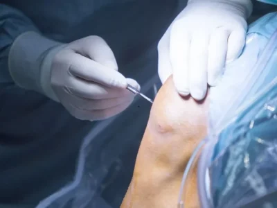 Cirurgião vascular realizando procedimento de microcirurgia, com o auxílio de monitor e equipe especializada.