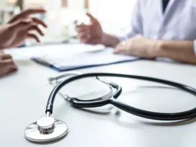 Estetoscópio em primeiro plano durante consulta com médico angiologista em Marília para avaliação de saúde vascular.