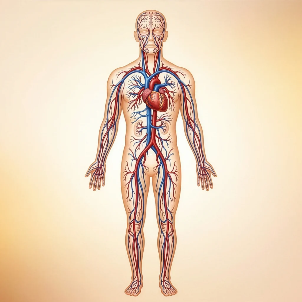 Ilustração do corpo humano detalhando o sistema circulatório completo, áreas de intervenção do cirurgião vascular em Marília.